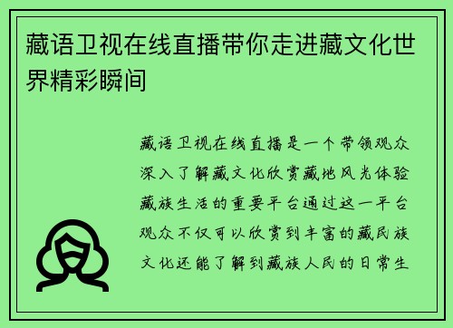 藏语卫视在线直播带你走进藏文化世界精彩瞬间