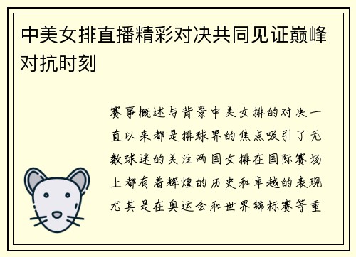 中美女排直播精彩对决共同见证巅峰对抗时刻